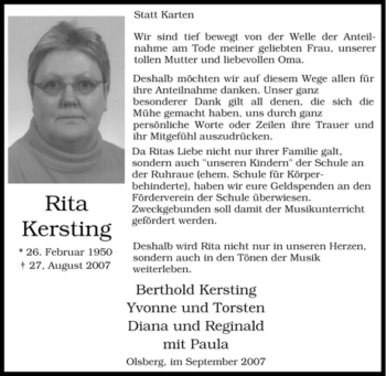Traueranzeige von Rita Kersting von Tageszeitung