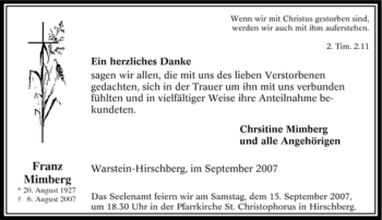 Traueranzeige von Franz Mimberg von Tageszeitung