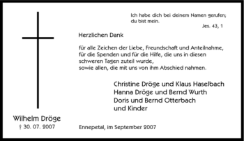 Traueranzeige von Wilhelm Dröge von Tageszeitung