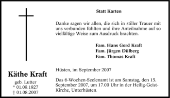 Traueranzeige von Käthe Kraft von Tageszeitung