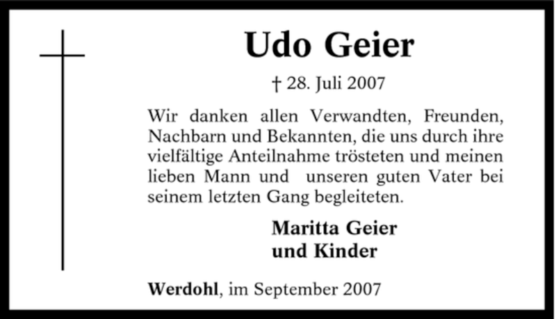  Traueranzeige für Udo Geier vom 13.09.2007 aus Tageszeitung