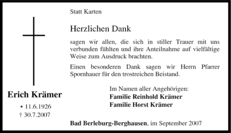  Traueranzeige für Erich Krämer vom 13.09.2007 aus Tageszeitung