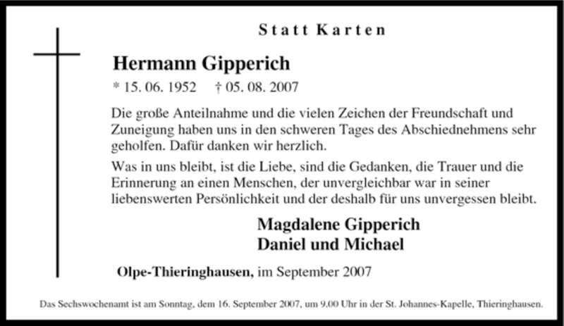  Traueranzeige für Hermann Gipperich vom 13.09.2007 aus Tageszeitung