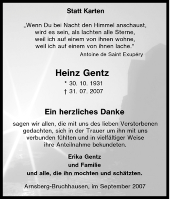 Traueranzeige von Heinz Gentz von Tageszeitung