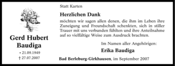 Traueranzeige von Gerd Hubert Baudiga von Tageszeitung