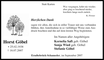 Traueranzeige von Horst Göbel von Tageszeitung