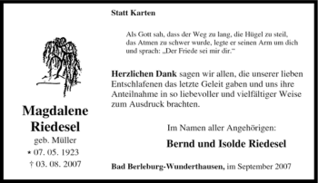 Traueranzeige von Magdalene Riedesel von Tageszeitung