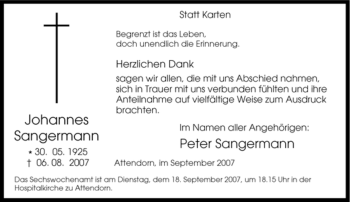 Traueranzeige von Johannes Sangermann von Tageszeitung