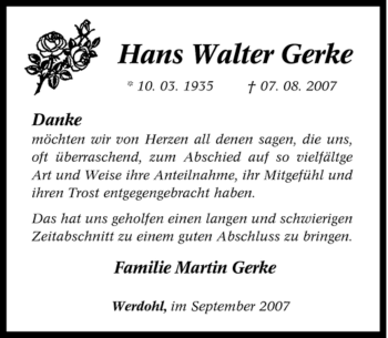 Traueranzeige von Hans Walter Gerke von Tageszeitung