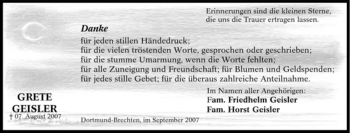 Traueranzeige von Grete Geisler von Tageszeitung