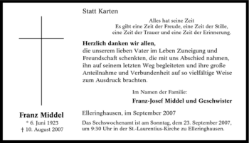 Traueranzeige von Franz Middel von Tageszeitung
