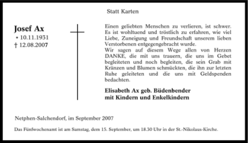 Traueranzeige von Josef Ax von Tageszeitung