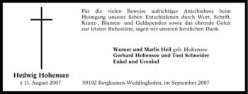 Traueranzeige von Hedwig Hohensee von Tageszeitung