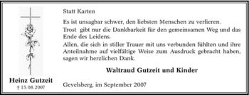Traueranzeige von Heinz Gutzeit von Tageszeitung
