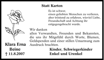 Traueranzeige von Klara Erna Beine von Tageszeitung