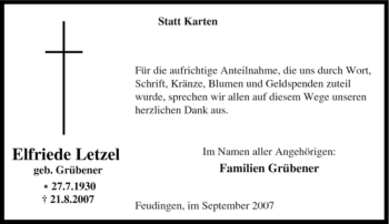 Traueranzeige von Elfriede Letzel von Tageszeitung