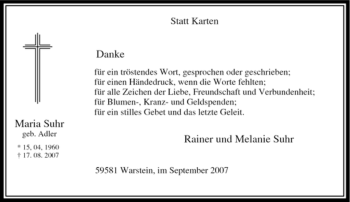 Traueranzeige von Maria Suhr von Tageszeitung