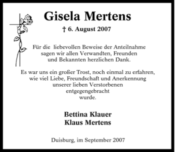 Traueranzeige von Gisela Mertens von Tageszeitung