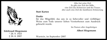 Traueranzeige von Edeltraud Hiegemann von Tageszeitung
