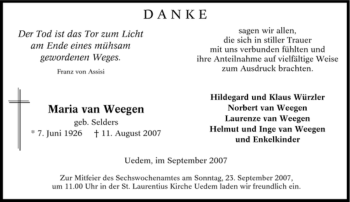 Traueranzeige von Maria van Weegen von Tageszeitung