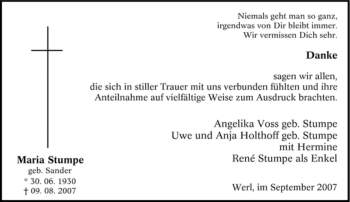 Traueranzeige von Maria Stumpe von Tageszeitung