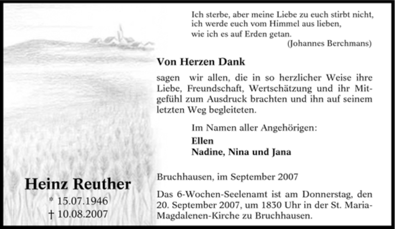  Traueranzeige für Heinz Reuther vom 15.09.2007 aus Tageszeitung