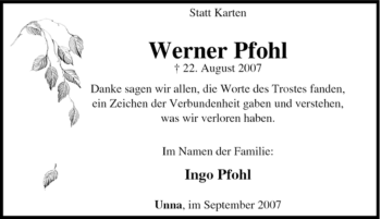 Traueranzeige von Werner Pfohl von Tageszeitung