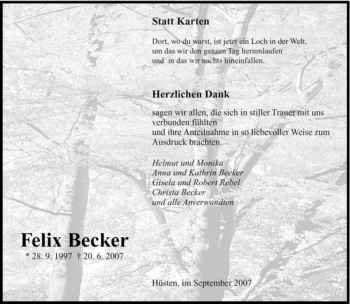Traueranzeige von Felix Becker von Tageszeitung