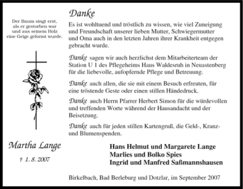 Traueranzeige von Martha Lange von Tageszeitung