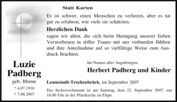 Traueranzeige von Luzie Padberg von Tageszeitung
