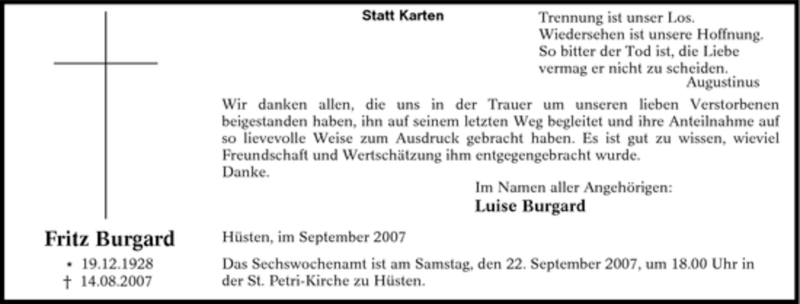  Traueranzeige für Fritz Burgard vom 18.09.2007 aus Tageszeitung