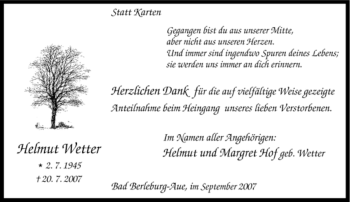 Traueranzeige von Helmut Wetter von Tageszeitung