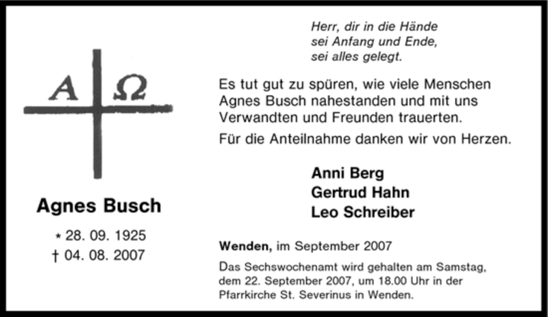  Traueranzeige für Agnes Busch vom 19.09.2007 aus Tageszeitung