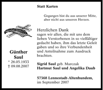 Traueranzeige von Günther Saul von Tageszeitung