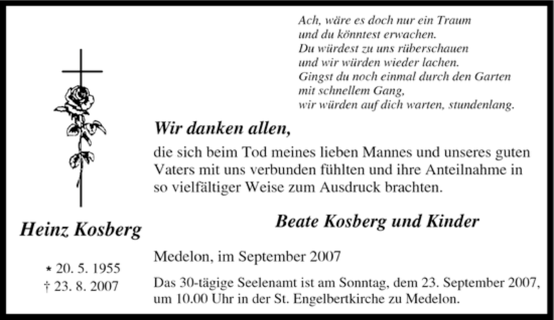  Traueranzeige für Heinz Kosberg vom 19.09.2007 aus Tageszeitung