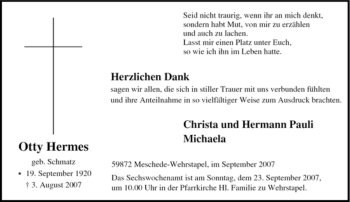 Traueranzeige von Otty Hermes von Tageszeitung