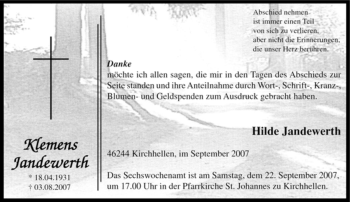 Traueranzeige von Klemens Jandewerth von Tageszeitung