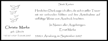 Traueranzeige von Christa Marks von Tageszeitung