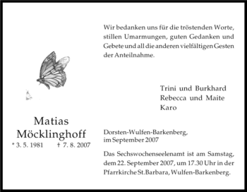 Traueranzeige von Matias Möcklinghoff von Tageszeitung