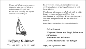 Traueranzeige von Wolfgang E. Stinner von Tageszeitung