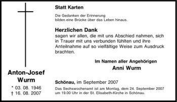 Traueranzeige von Anton-Josef Wurm von Tageszeitung