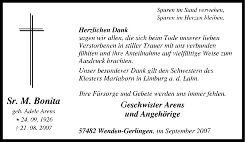  Traueranzeige für M. Bonita vom 21.09.2007 aus Tageszeitung