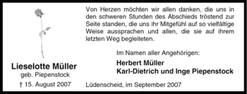 Traueranzeige von Lieselotte Müller von Tageszeitung