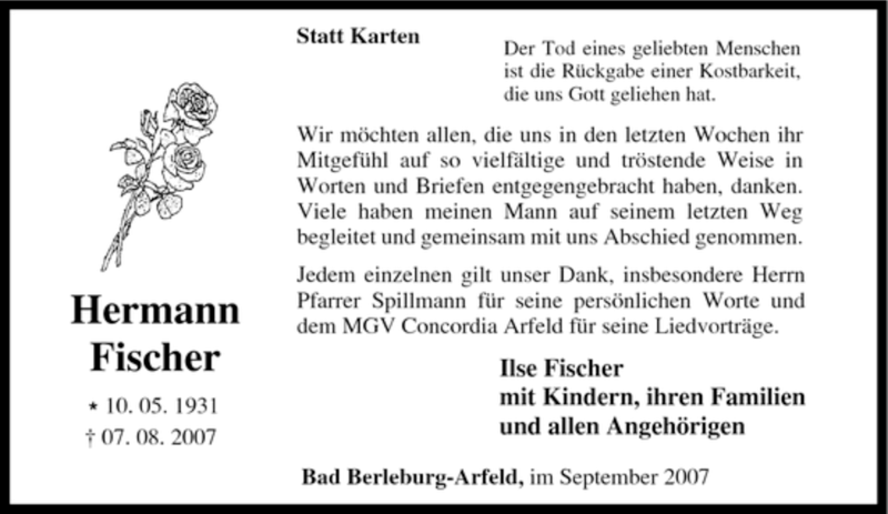  Traueranzeige für Hermann Fischer vom 22.09.2007 aus Tageszeitung