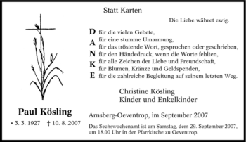 Traueranzeige von Paul Kösling von Tageszeitung