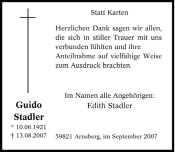 Traueranzeige von Guido Stadler von Tageszeitung