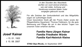 Traueranzeige von Josef Kainar von Tageszeitung