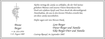 Traueranzeige von Bruno Berger von Tageszeitung