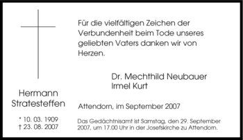 Traueranzeige von Hermann Stratesteffen von Tageszeitung