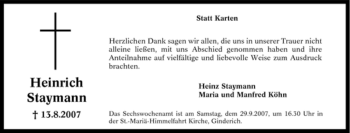 Traueranzeige von Heinrich Staymann von Tageszeitung